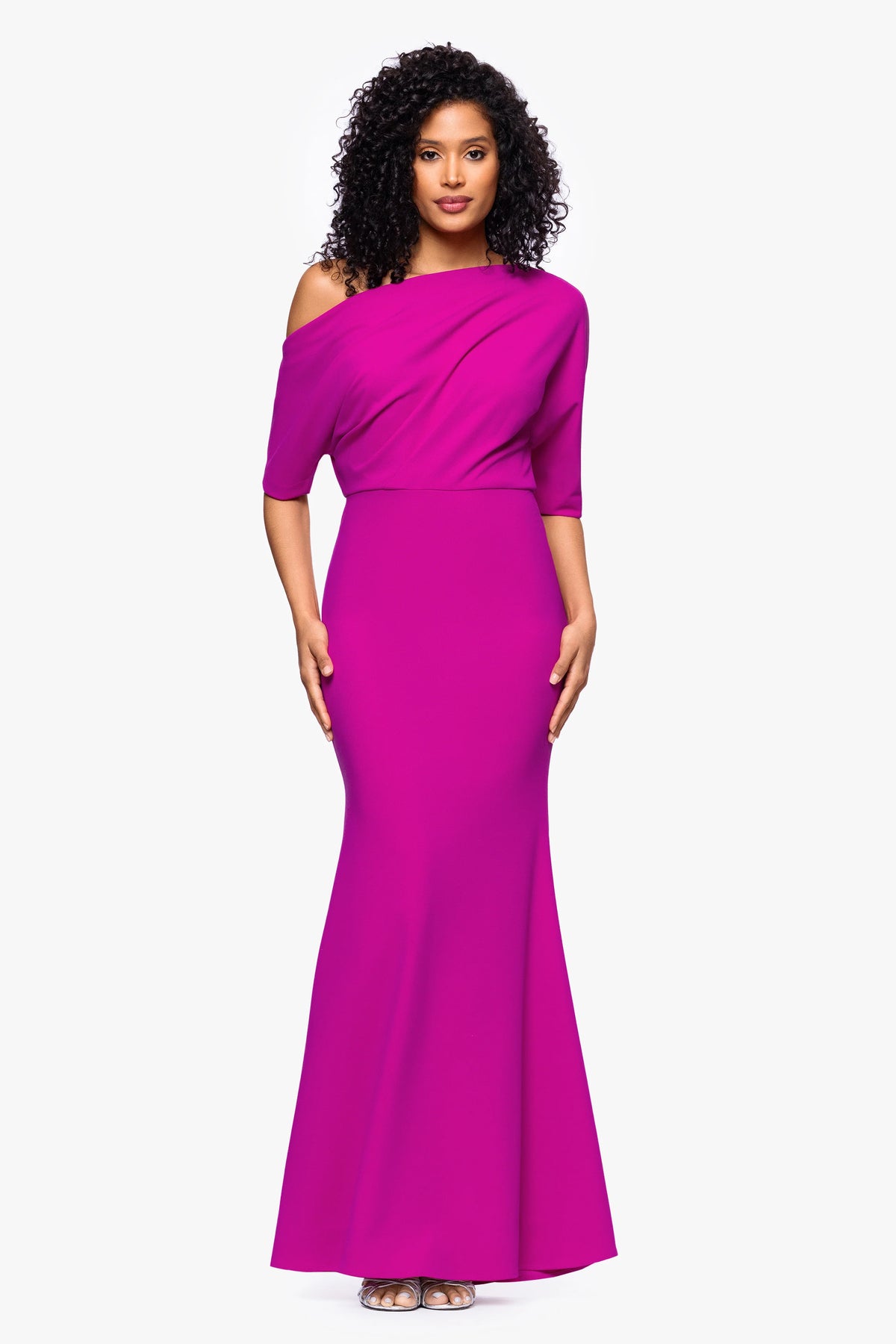 "Madeline" Long Scuba Crepe Off the Shoulder Drop Dress