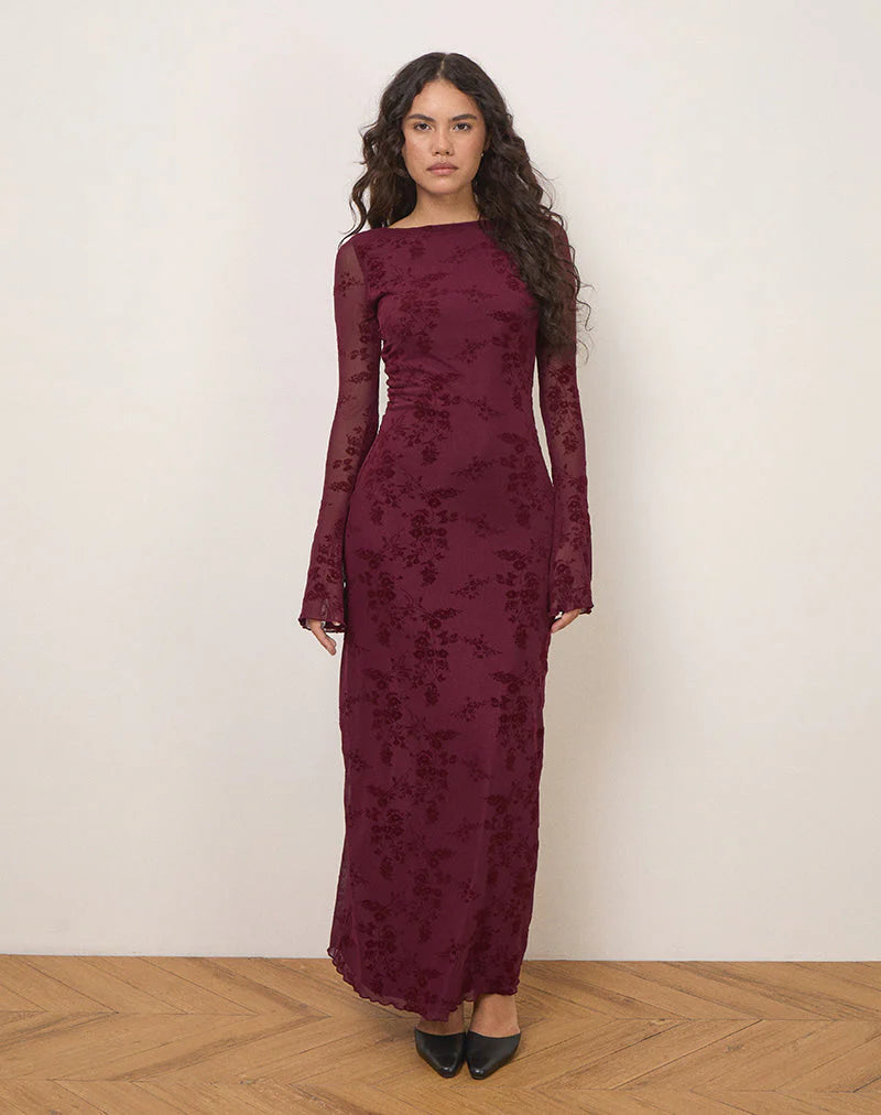 Shaleed Maxi Dress in Botanical Flower Maroon