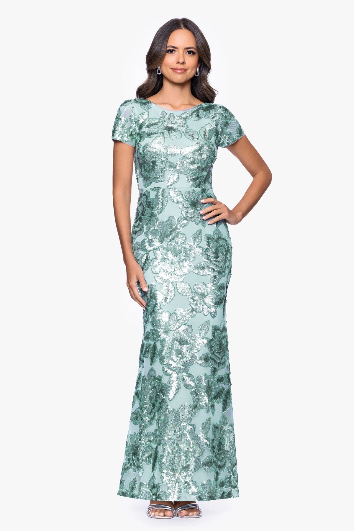 Petite "Lyanna" Sequin Mesh Cap Sleeve Floor Length Dress