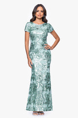 Petite "Lyanna" Sequin Mesh Cap Sleeve Floor Length Dress