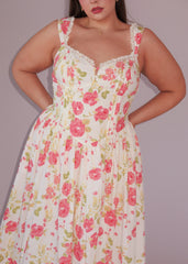 Lottie Basque Waist Floral Midi Dress - White