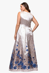 Plus "Belle" Print Jacquard V-Neck Floor Length Dress