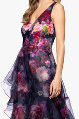 "Catalina" Printed Organza V-Neck Floor Length Dress