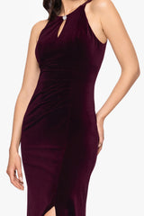"Lucielle" Velvet Emellished Keyhole Neck Floor Length Dress