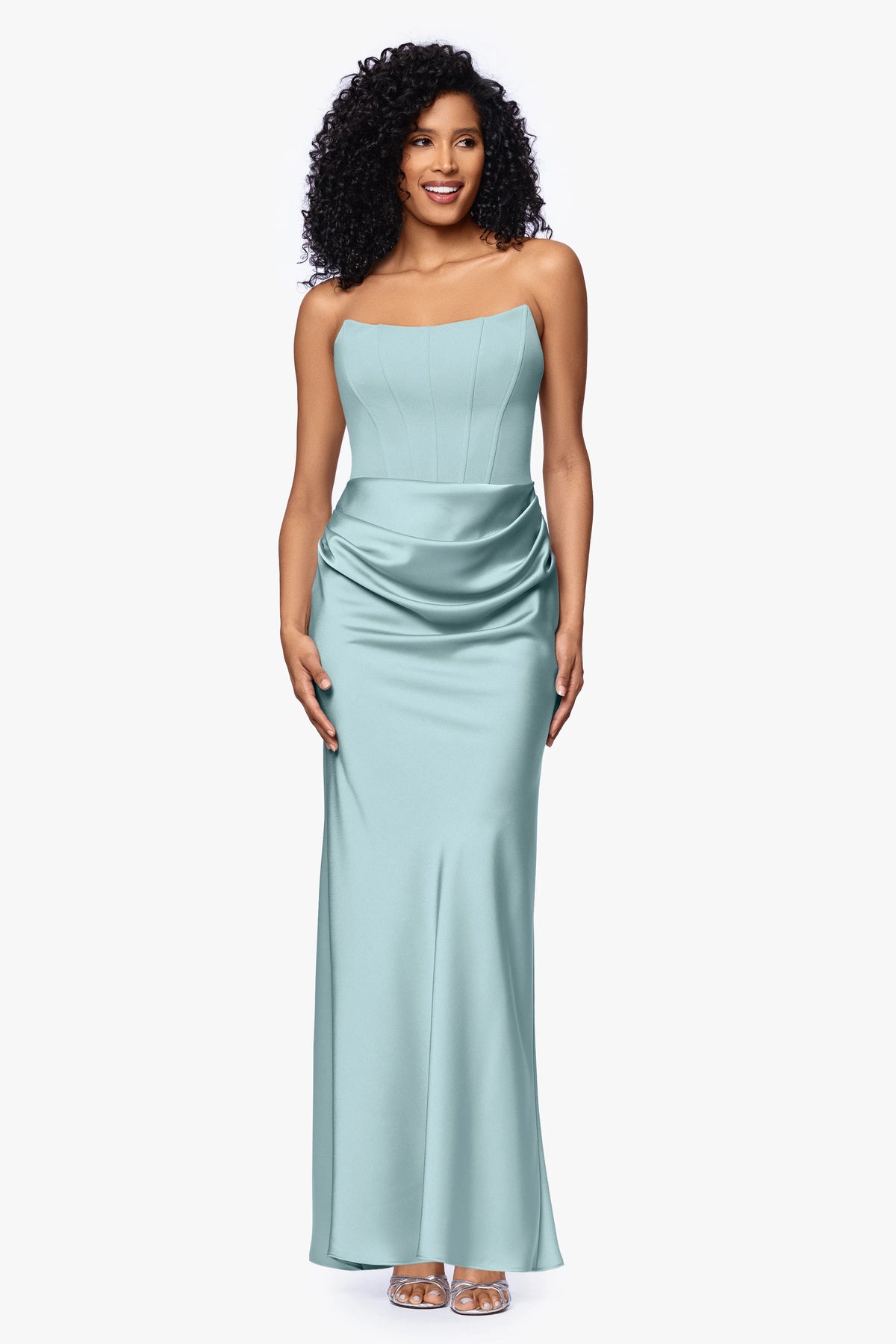 Petite "Debra" Long Strapless Scuba Crepe and Satin Gown