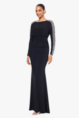 Petite "Ria" Jersey Knit Beaded Long Sleeve Floor Length Dress