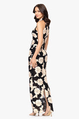 Petite "Camielle" 3D Flower Soutache Mock Neck Floor Length Dress