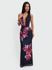 Tigress Halter Maxi Dress Navy Floral