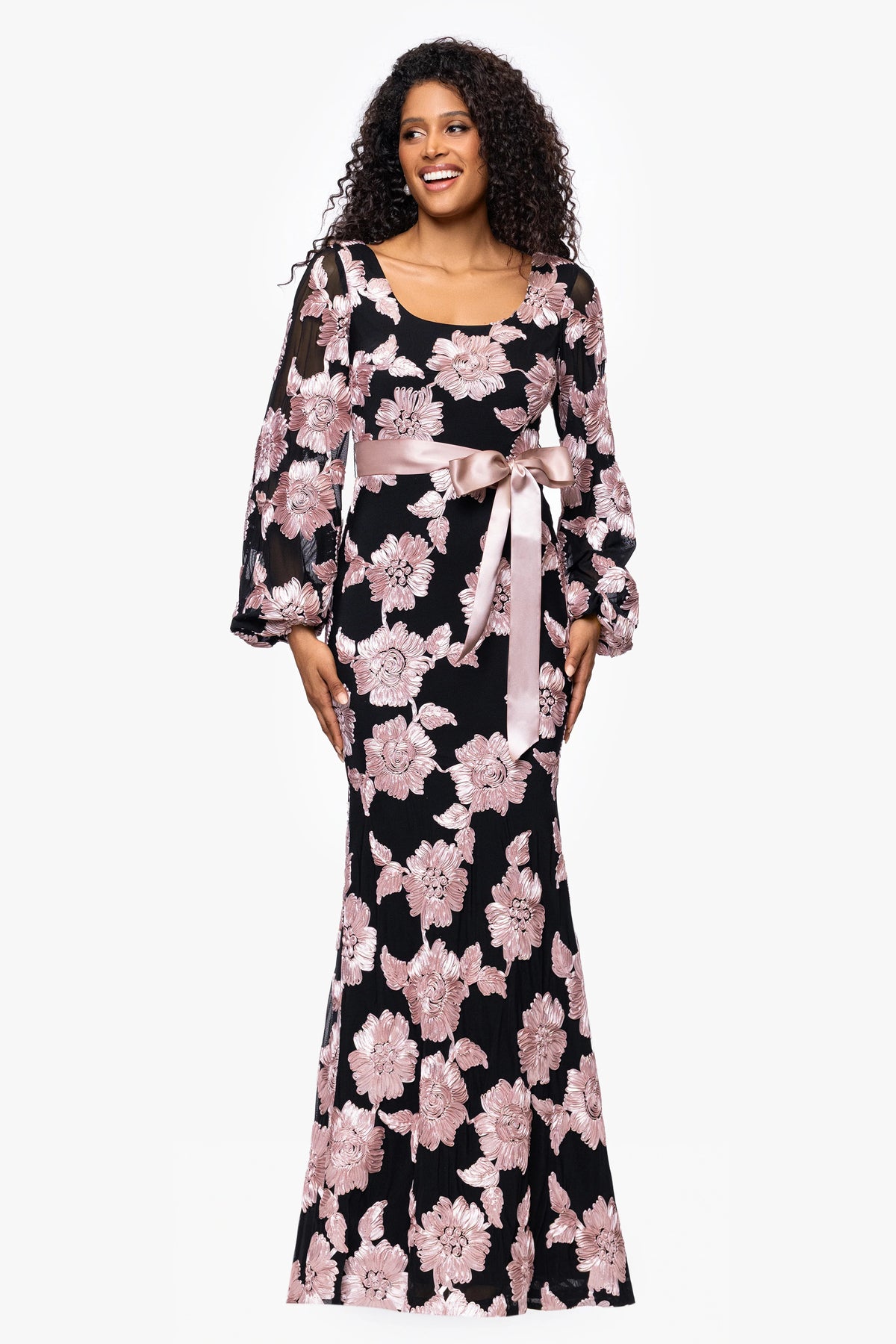 "Luciana" Soutache Mesh Waist Tie Long Sleeve Floor Length Dress