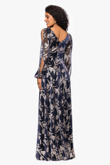 Petite "Elisabeth" Foil Print V-Neck Long Sleeve Floor Length Dress