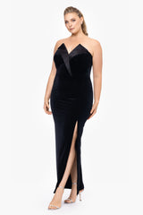 Plus "Liliana" Long Velvet Strapless Tuxedo Dress