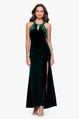 "Lucielle" Velvet Emellished Keyhole Neck Floor Length Dress