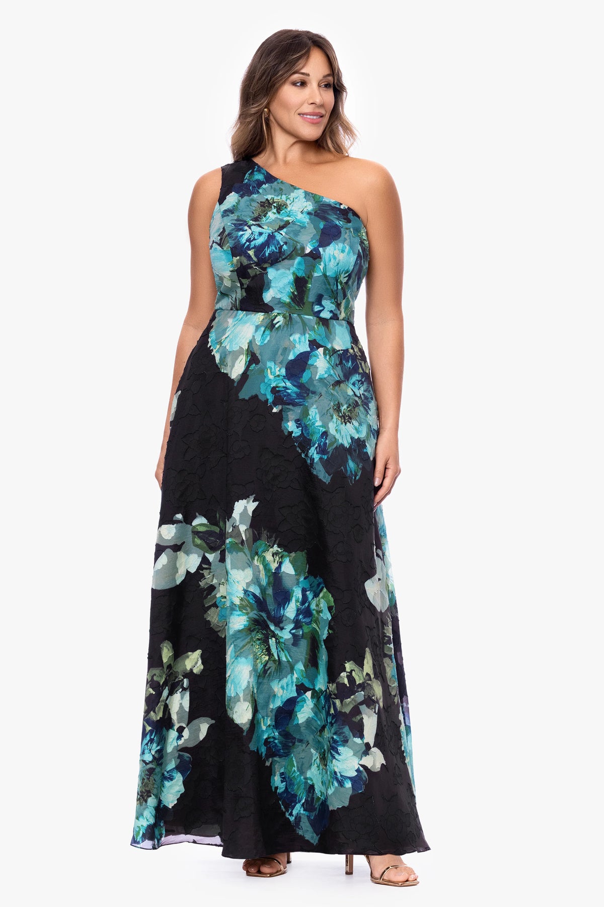 Plus "Carli" Chiffon Jacquard Burnout One Shoulder Floor Length Dress