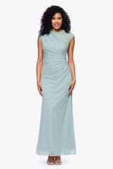 "Dayna" Floor Length Sleeveless Sheer Matte Jersey Lack Neck Rouched Side Dress