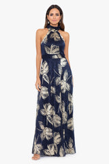 Petite "Dana" Foil Wrap Mock Neck Floor Length Dress