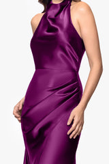 "Antonia" Satin Cowl Halter Neck Rouched Floor Length Dress
