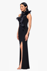 "Drea" Scuba Crepe Drop Shoulder Ruffle Floor Length Dress