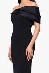 Petite "Michelle" Scuba Crepe Off the Shouler Taffeta Trim Floor Length Dress