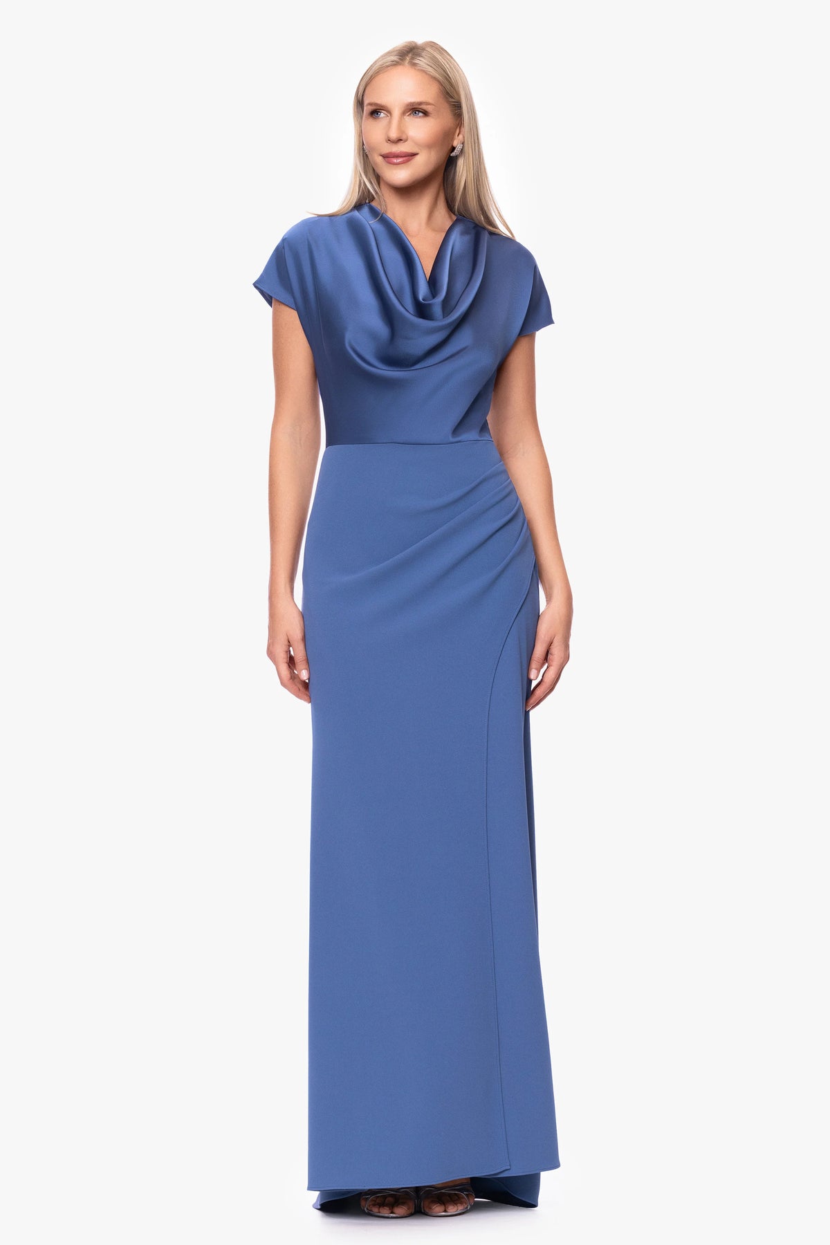 "Rinna" Scuba Crepe and Satin Cowl Neck Floor Length Dress