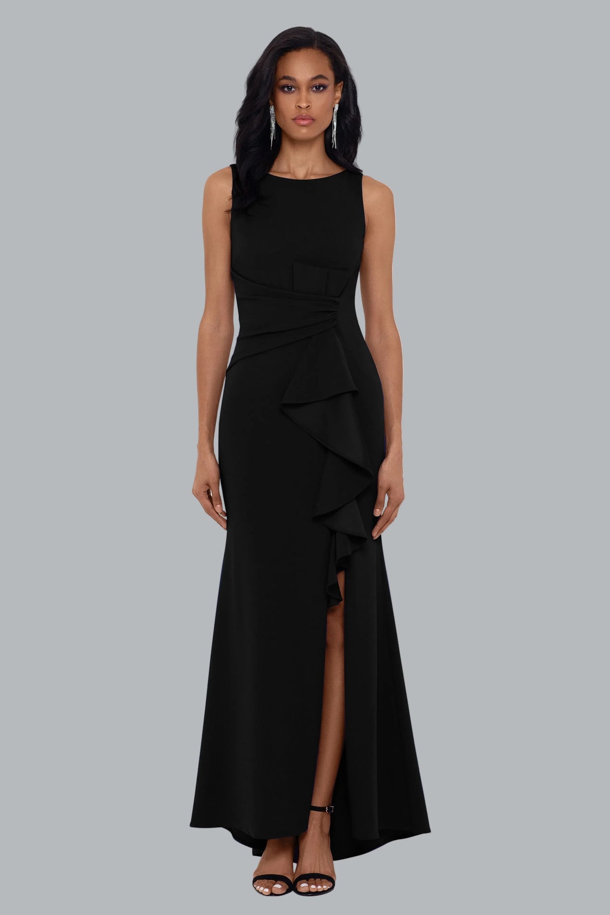 "Christine" Scuba Crepe Ruffled Bow Gown