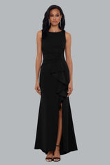 "Christine" Scuba Crepe Ruffled Bow Gown