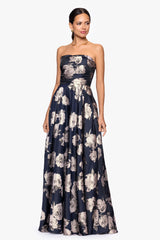 Petite "Lottie" Metallic Jacquard Strapless Floor Length Dress