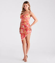 Passport To Paradise Tropical Print Ruched Midi Dress