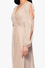 "Cheryl" Long Sleeve V Neck Metallic Knit Floor Length Dress