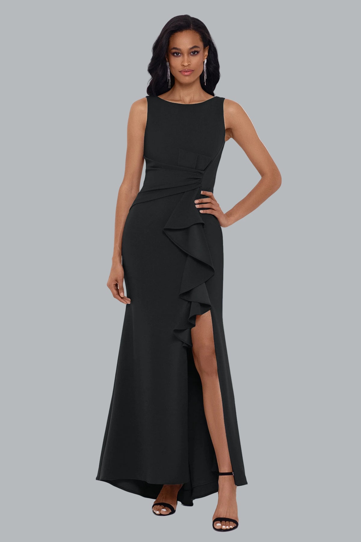 Petite "Christine" Scuba Crepe Ruffled Bow Gown