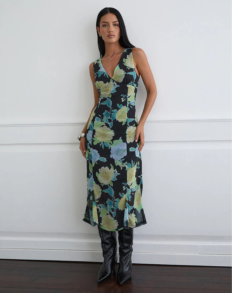 Olydia Midi Dress in Black Chiffon with Crystal Flower Print