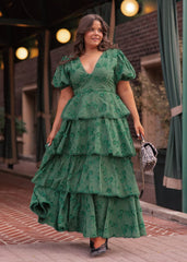 Sloane Puff Sleeve Tiered Cotton Floral V-Neck Maxi Dress - Green