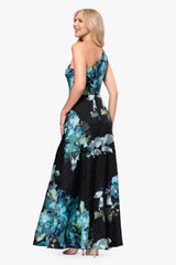 Petite "Carli" Chiffon Jacquard Burnout One Shoulder Floor Length Dress