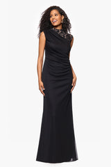 "Dayna" Floor Length Sleeveless Sheer Matte Jersey Lack Neck Rouched Side Dress