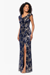 "Vanna" Foil Print Scoop Neck Floor Length Dress